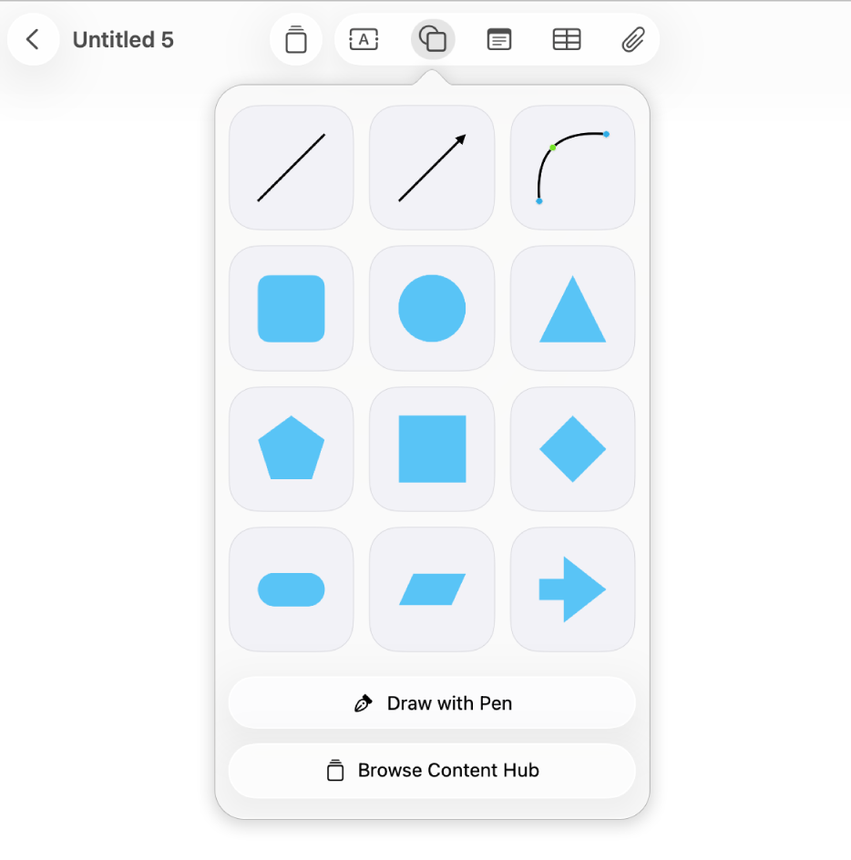 The shapes library with suggestions and options to draw your own shape with the Pen tool or browse the Content Hub.