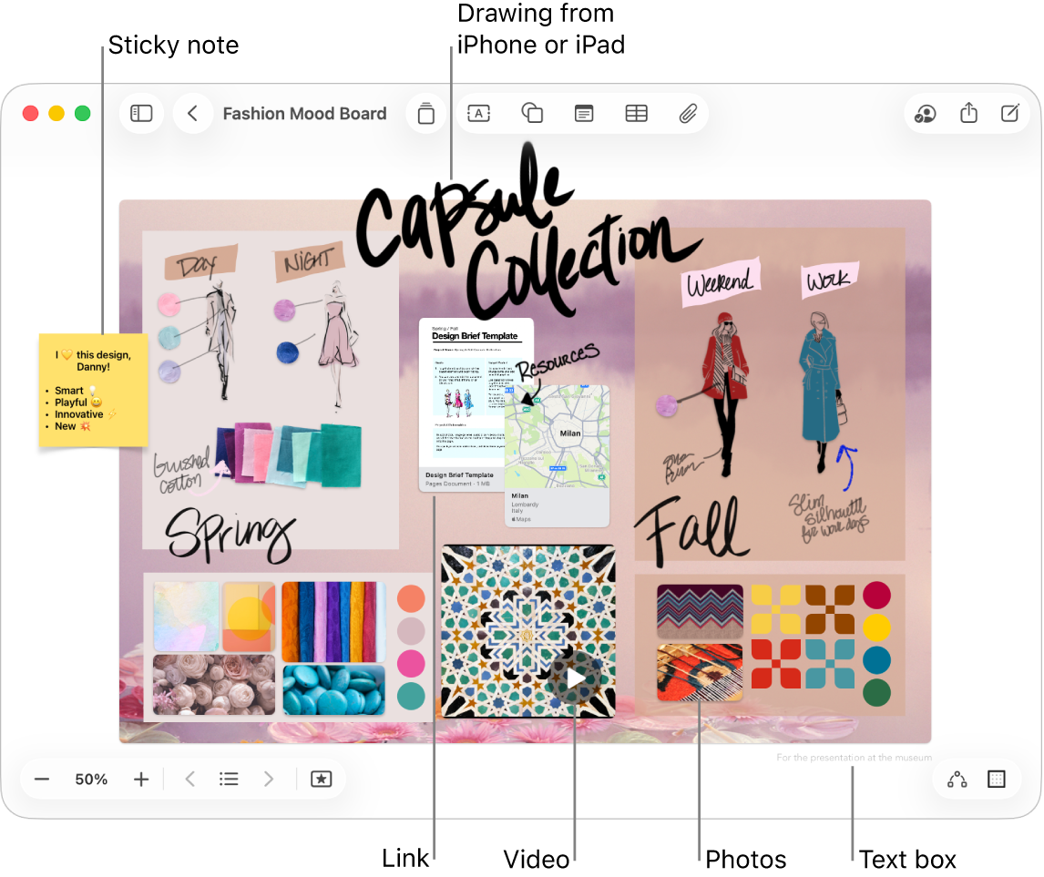 A Freeform board with various items, such as a drawing from an iPhone or iPad, a sticky note, a link, a text box, a video and several photos.