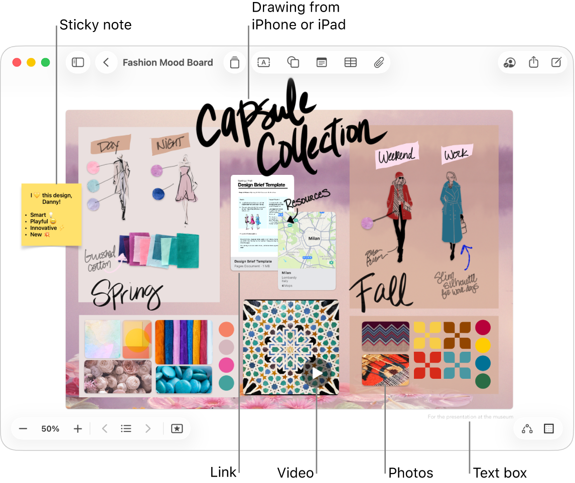 A Freeform board with various items, such as a drawing from an iPhone or iPad, a sticky note, a link, a text box, a video, and several photos.