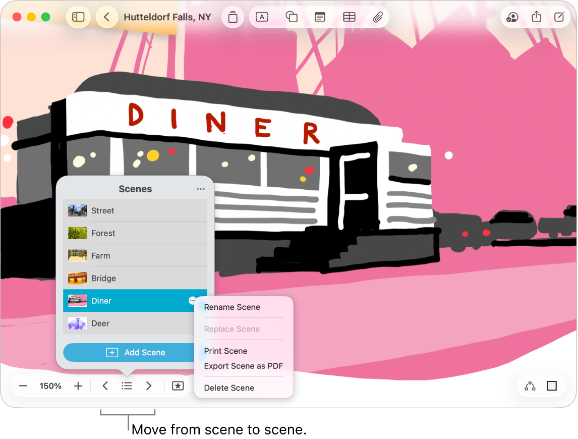 A Freeform board with the Scene Navigator open.