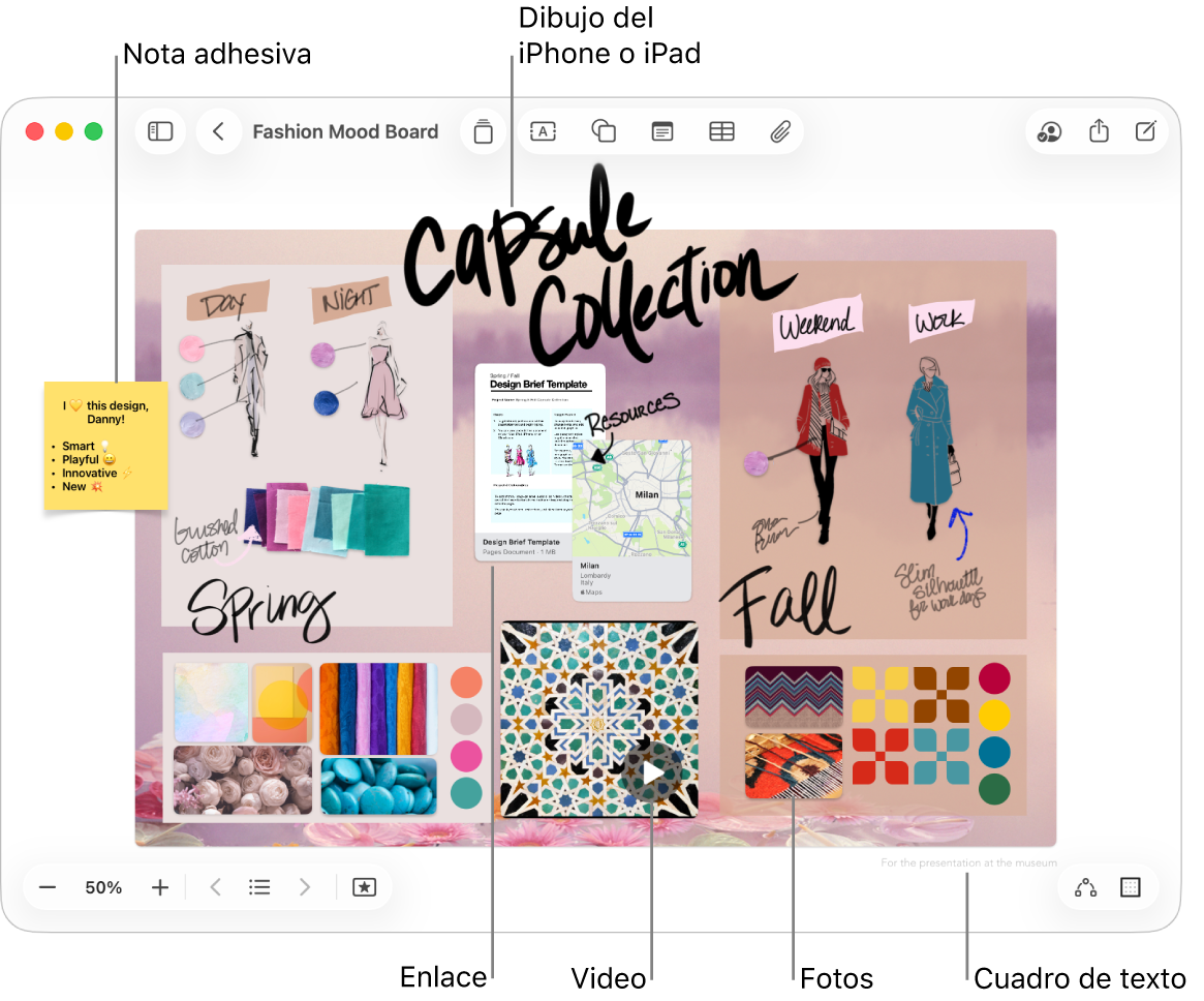 Un pizarrón de Freeform con varios elementos, como un dibujo que proviene de un iPhone o iPad, una nota adhesiva, un enlace, un cuadro de texto, un video y varias fotos.
