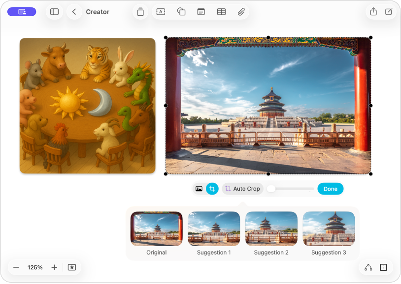 La app Freeform con dos funciones de Apple Creator Studio: generación de imágenes y recorte automático.