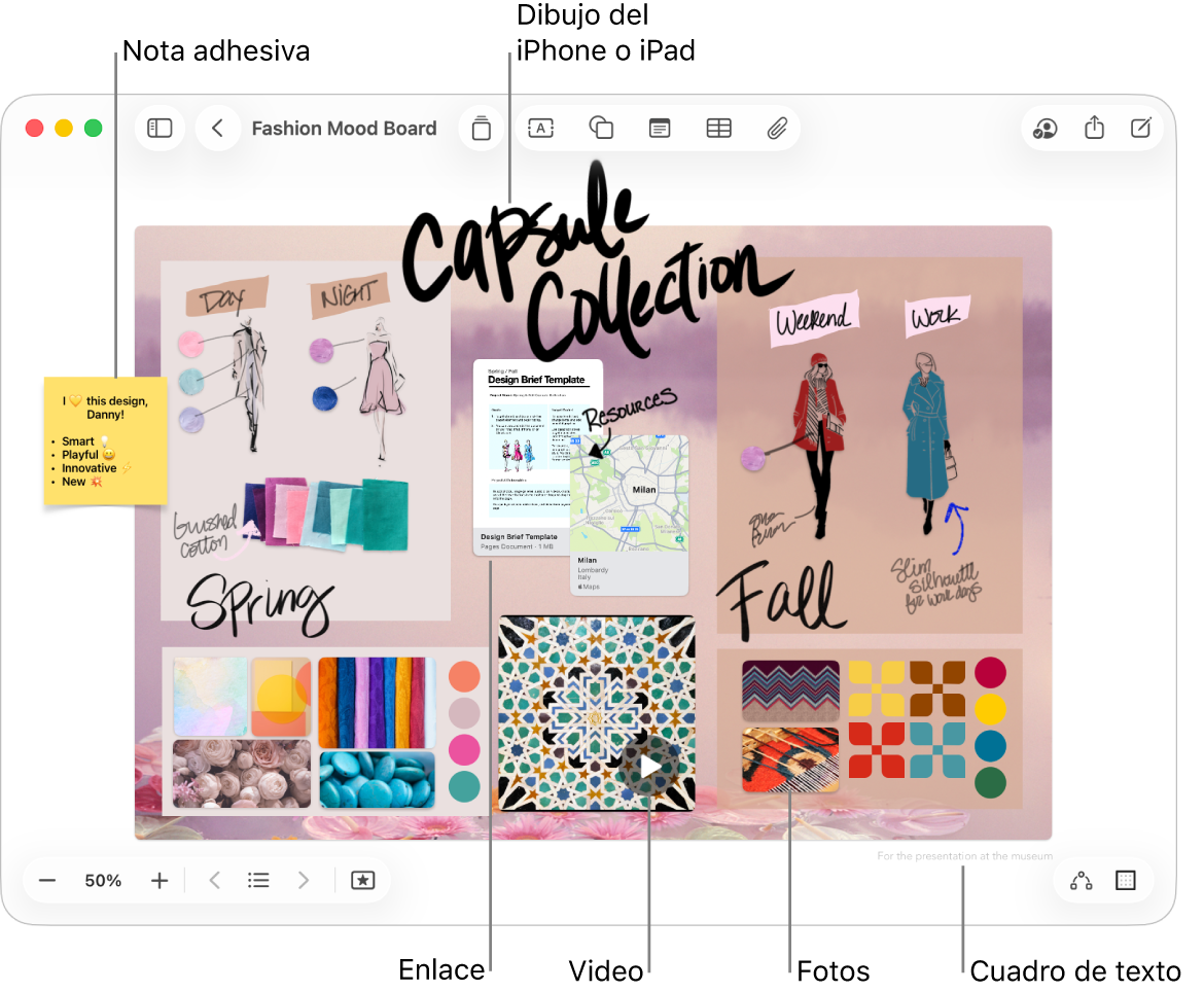 Una pizarra de Freeform con varios ítems, como un dibujo de un iPhone o iPad, una nota adhesiva, un enlace, un cuadro de texto, un vídeo y varias fotos.