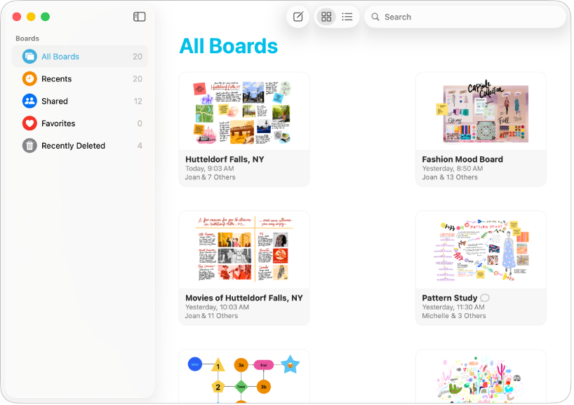 App Freeform avec l’option « Tous les tableaux ».