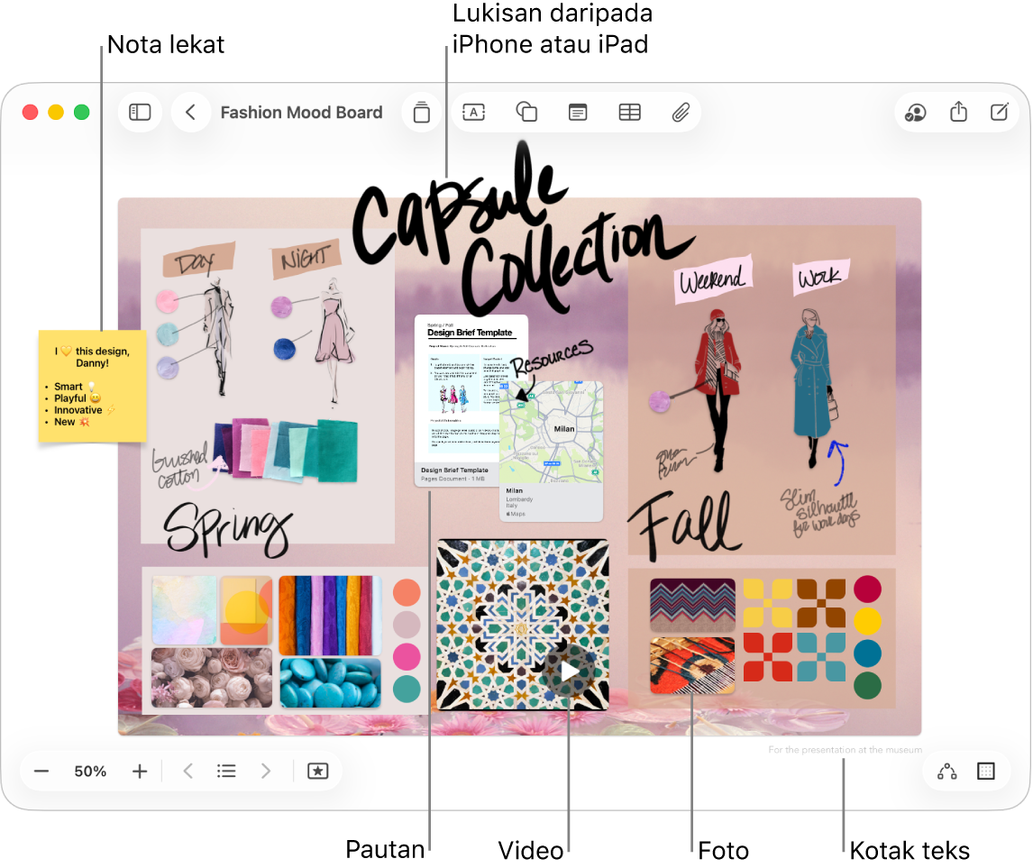 Papan Freeform dengan pelbagai item seperti lukisan daripada iPhone atau iPad, nota lekat, pautan, kotak teks, video dan beberapa foto.