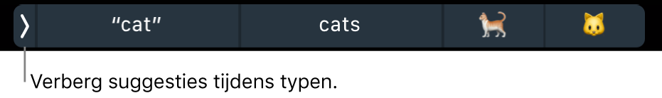 Suggesties voor woorden en emoji's, met aan de linkerkant de knop om de suggesties tijdens het typen te verbergen.