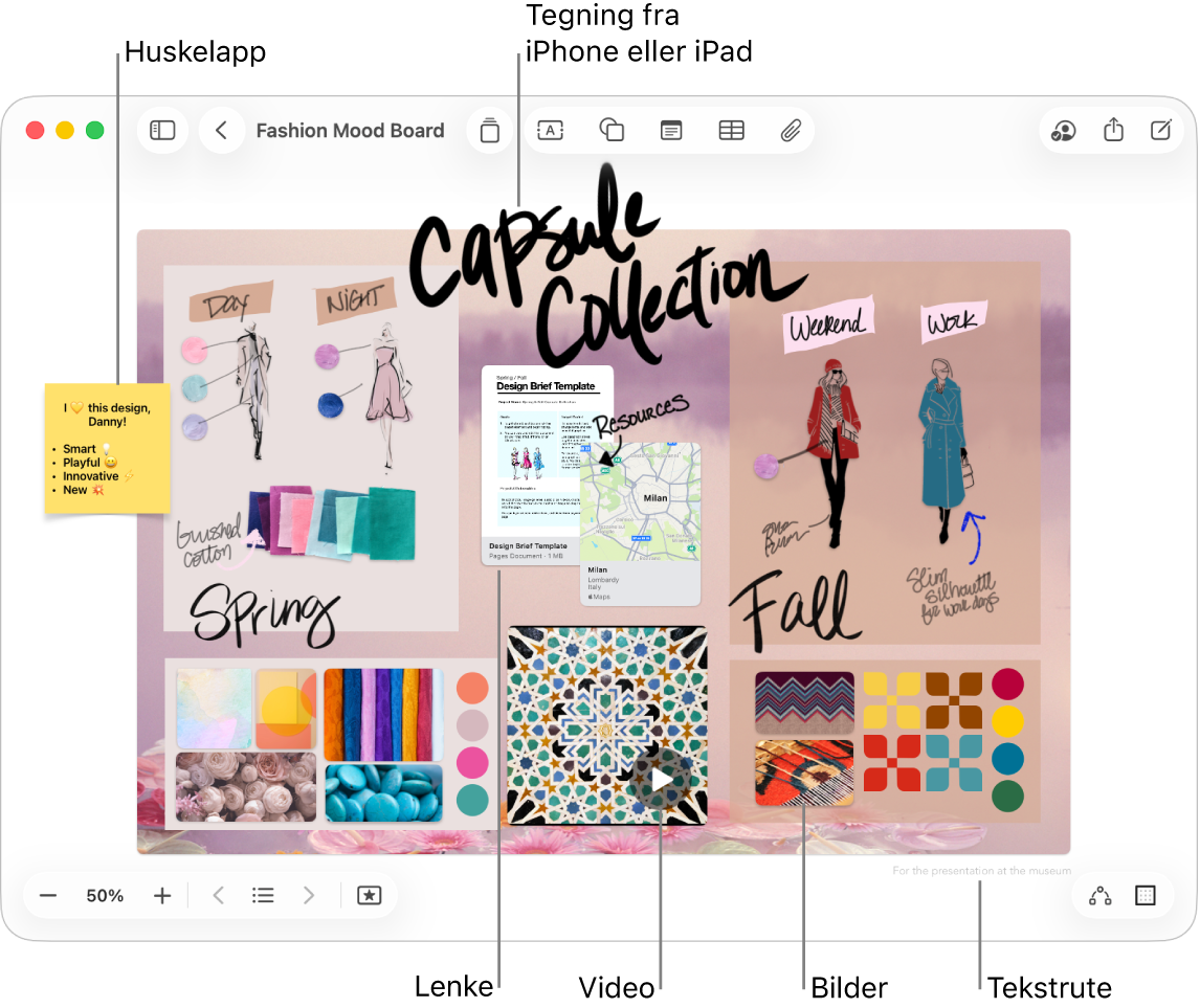 En Freeform-tavle med forskjellige objekter, blant annet en tegning fra en iPhone eller iPad, en huskelapp, en lenke, en tekstrute, en video og flere bilder.