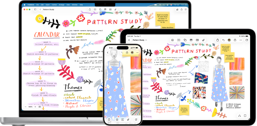 Mac, iPhone i iPad z otwartą tą samą tablicą Freeform.