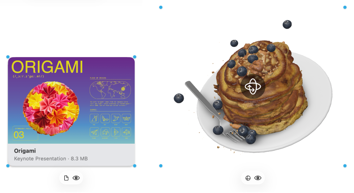 Um arquivo do Keynote e um objeto 3D estão selecionados e as ferramentas de formatação estão visíveis.