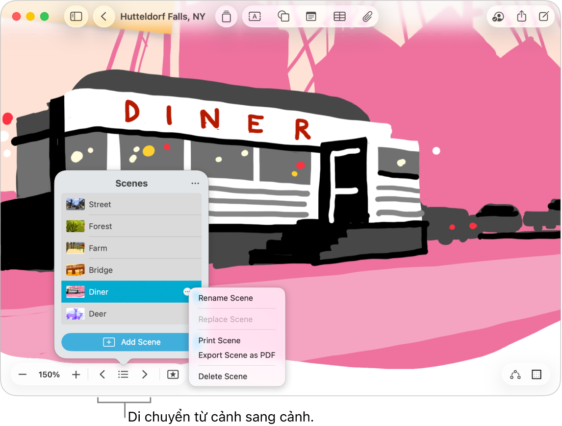 Một bảng Freeform với Trình điều hướng cảnh được mở.