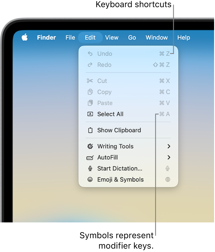 The Edit menu is open in the Finder; keyboard shortcuts appear next to menu items.