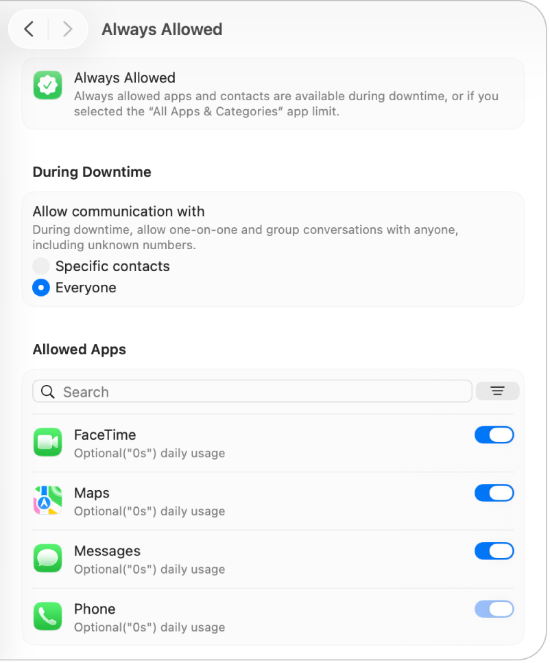 Always Allowed settings in Screen Time with downtime communication options selected and allowed apps.