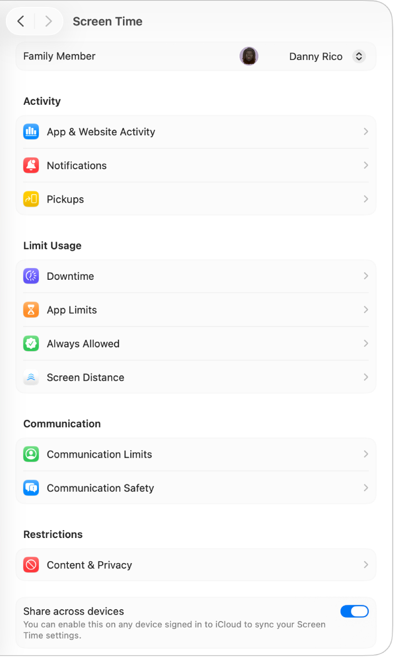 Screen Time settings with an adult chosen from the Family Member pop-up menu.