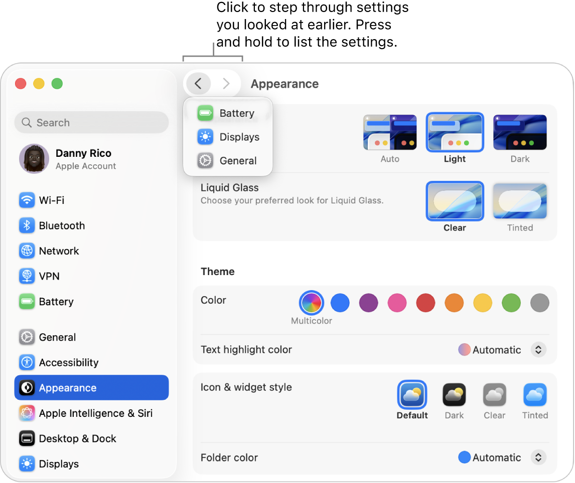 The System Settings window showing recently viewed settings below the Back button.