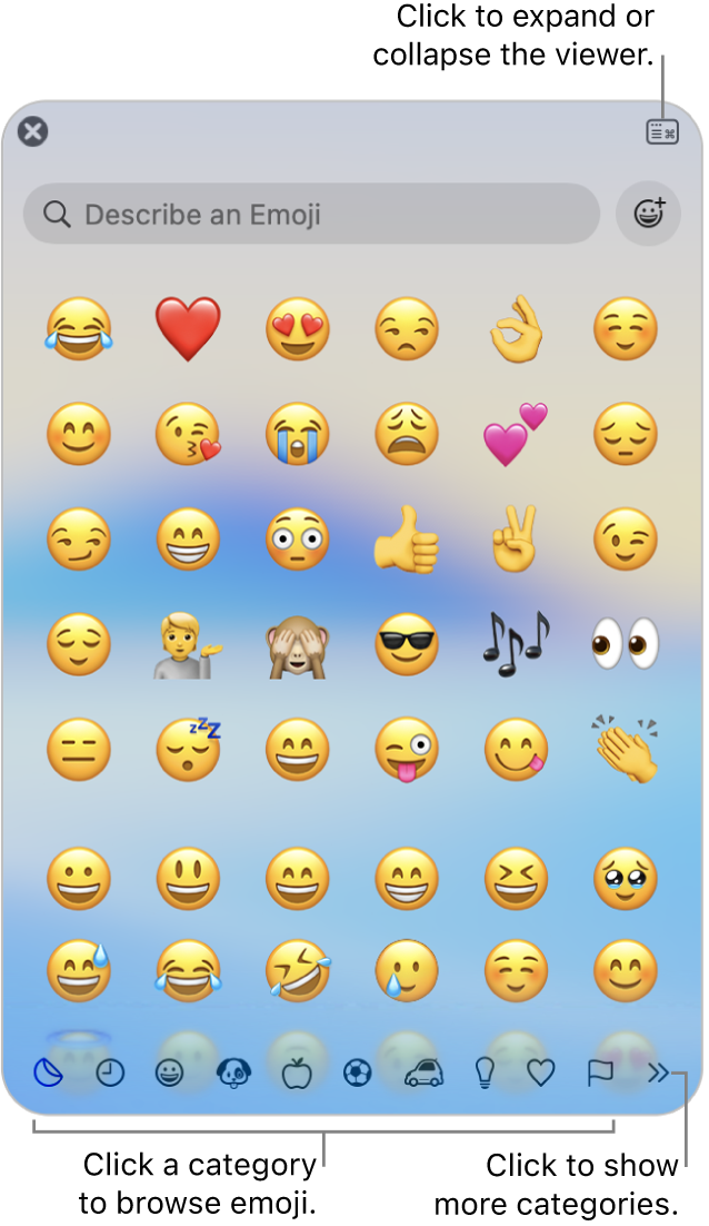 The Character Viewer window. Click a category on the bottom to browse characters or symbols. In the search field, enter a symbol name or code to find a specific character. In the upper-right corner, click to expand or collapse the viewer.