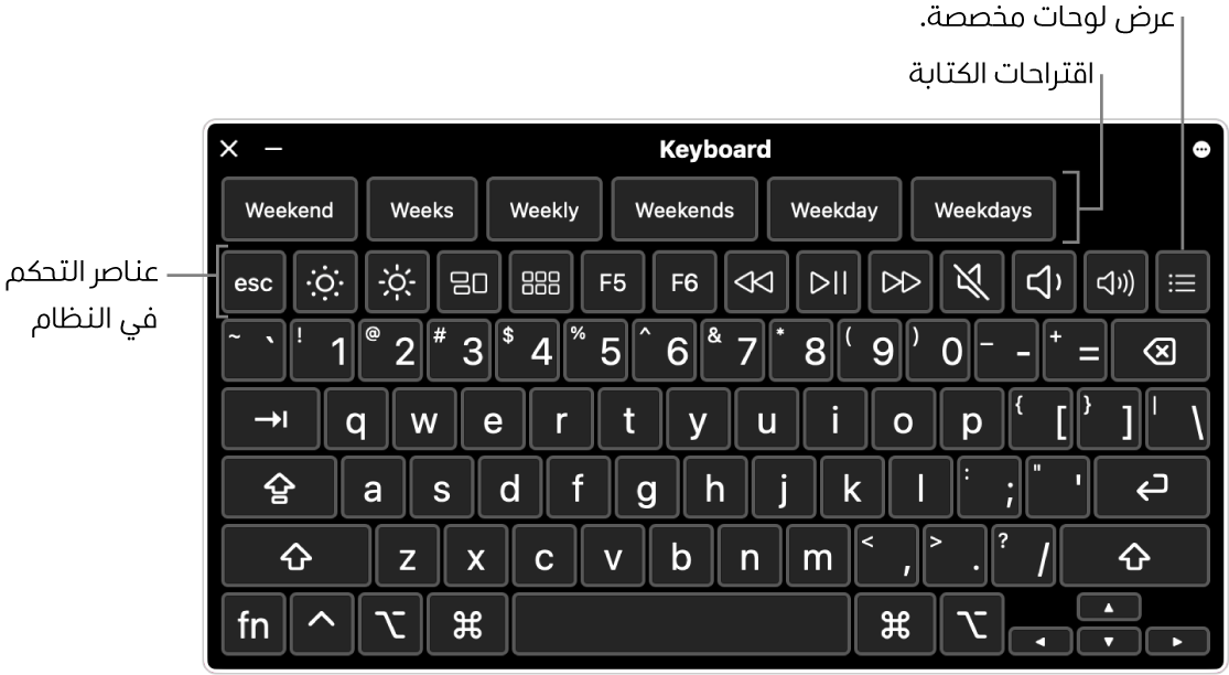 لوحة مفاتيح تسهيلات الاستخدام مع اقتراحات الكتابة في الجزء العلوي. فيما يلي صف من الأزرار الخاصة بعناصر التحكم في النظام للقيام بأشياء مثل ضبط سطوع شاشة العرض وإظهار لوحات مخصصة.
