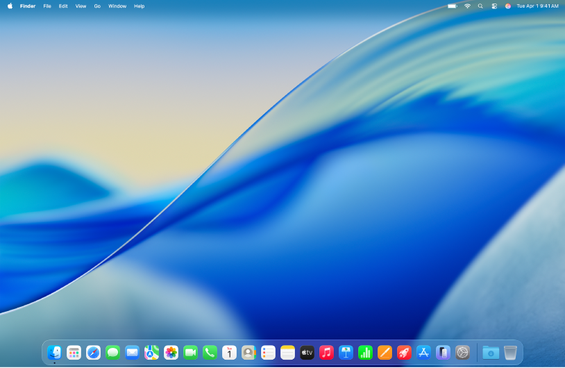 شاشة Mac ويظهر بها شريط القوائم على طول الجزء العلوي وسطح المكتب في المنتصف و شريط الأيقونات على طول الجزء السفلي.