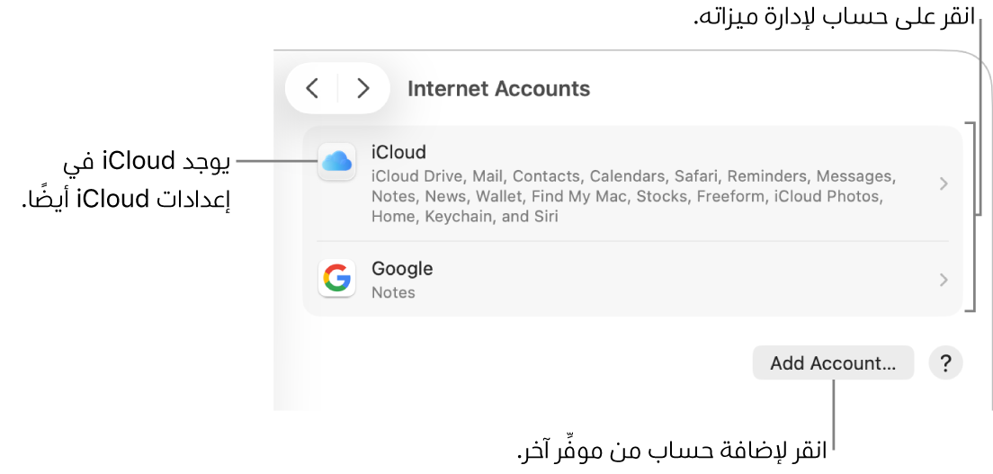 إعدادات حسابات الإنترنت تظهر بها الحسابات التي تم إعدادها على Mac مدرجة.