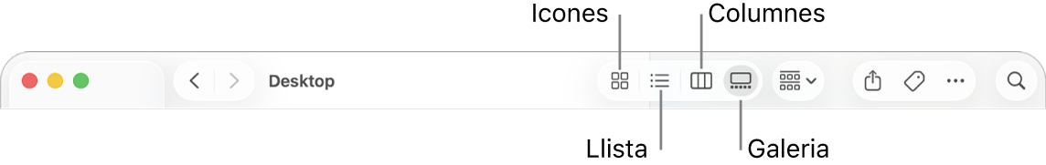 La part superior d’una finestra del Finder que mostra els botons de les opcions de visualització d’una carpeta.