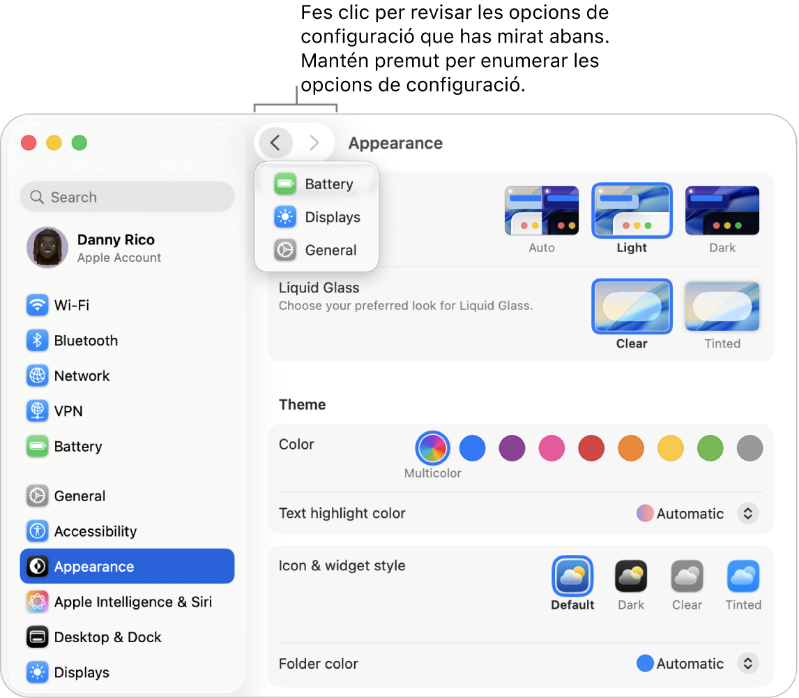 Finestra de la configuració del sistema que mostra opcions consultades recentment a sota del botó “Enrere”.