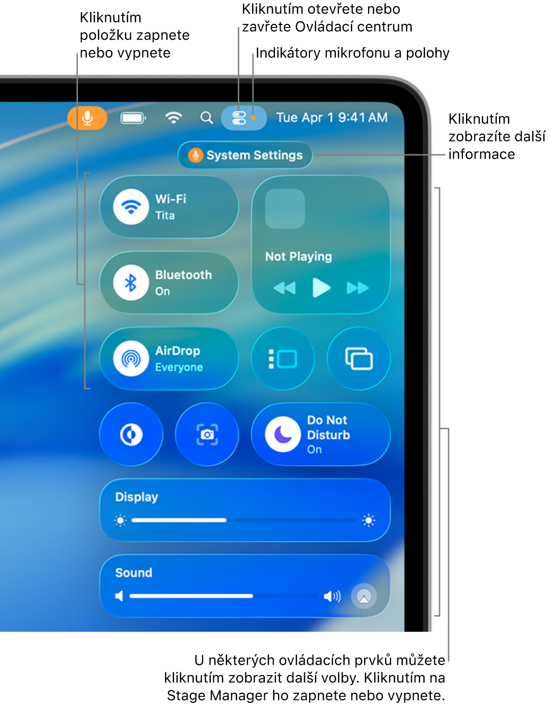 Ovládací centrum vpravo nahoře na obrazovce, v němž jsou zobrazeny například ovládací prvky pro Wi-Fi, funkci Soustředění, Zvuk a Právě hraje
