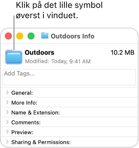 Infovinduet til en mappe, der viser standardsymbolet for den valgte mappe.