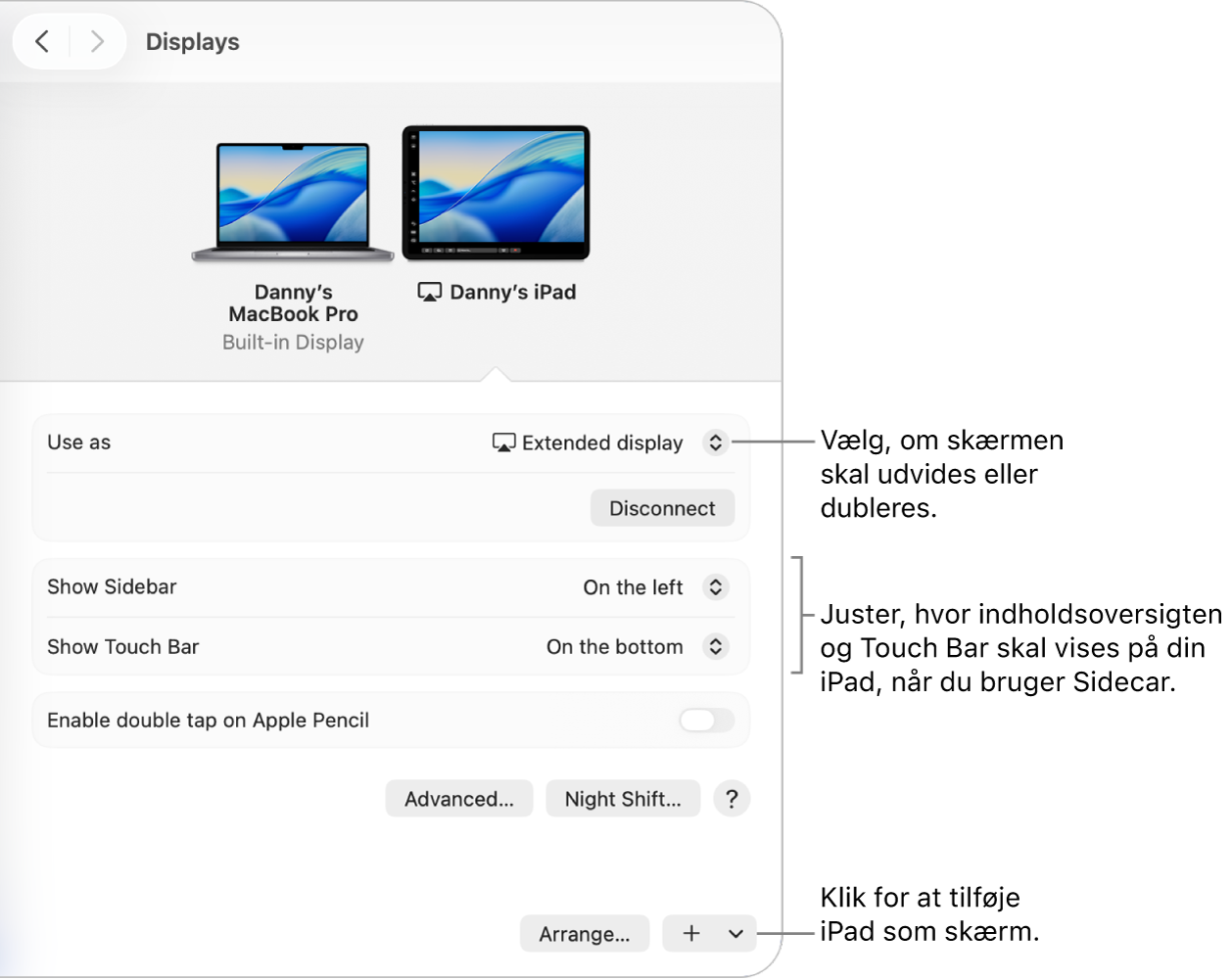 Indstillingsvinduet Skærme på Mac, der viser muligheder til at indstille Sidecar.