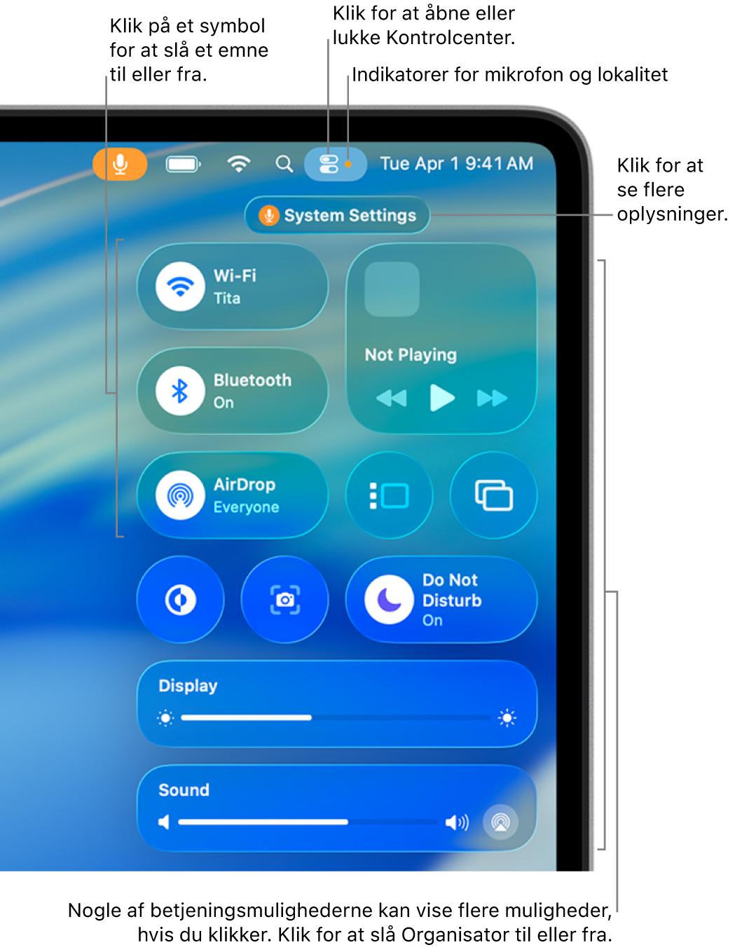Kontrolcenter i området øverst til højre på skærmen med betjeningsmuligheder til Wi-Fi, Fokus, Lyd, Afspiller nu og andre.