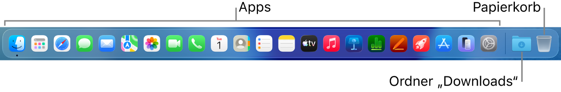 Das Dock mit Symbolen für Apps, dem Ordner „Downloads“ und dem Papierkorb