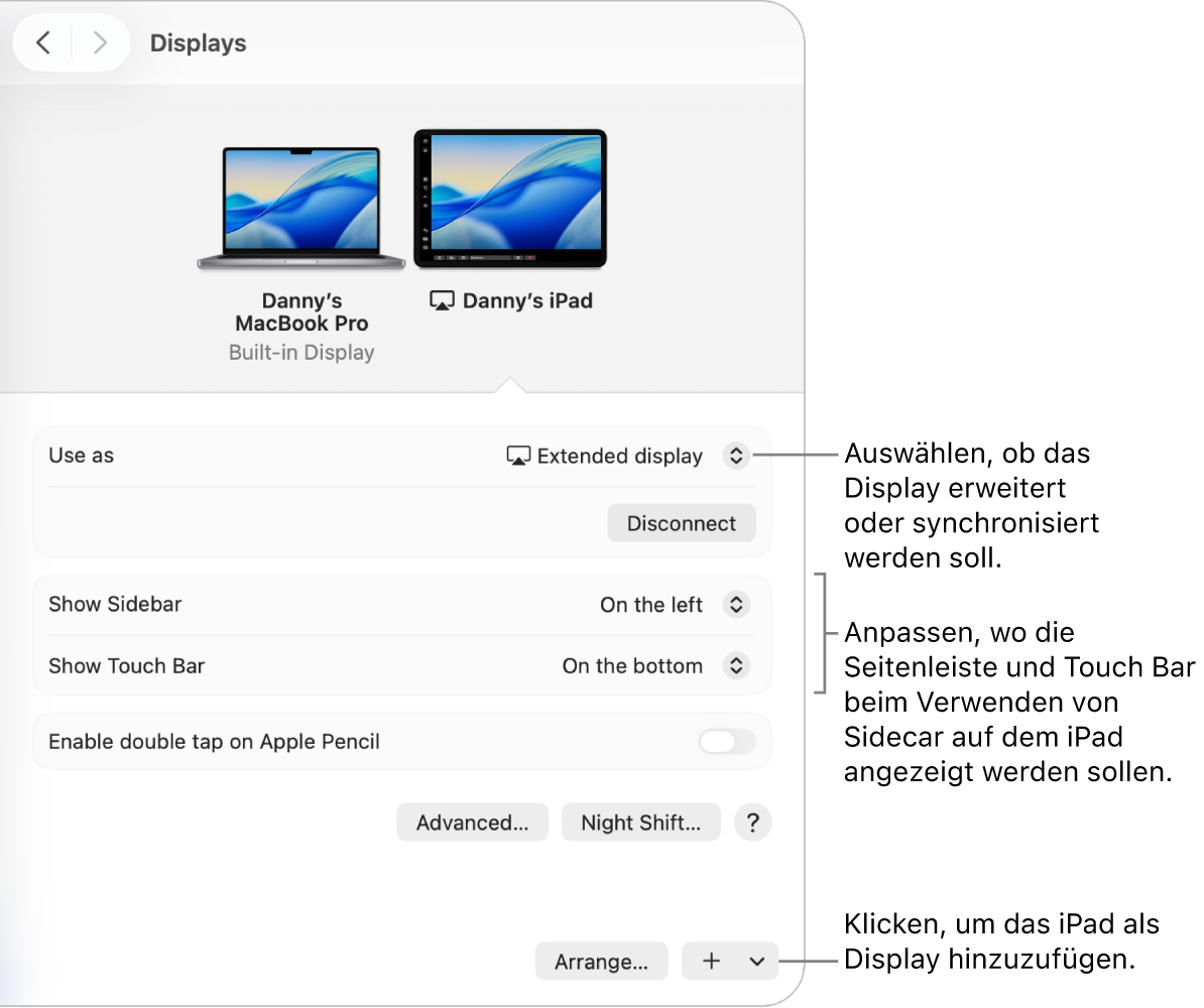 Der Bereich „Displays“ auf dem Mac mit Optionen zum Konfigurieren von Sidecar.