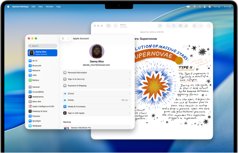 Ein Mac-Schreibtisch zeigt die Apple&nbsp;Account-Einstellungen an und im Hintergrund ist ein Numbers-Dokument geöffnet.