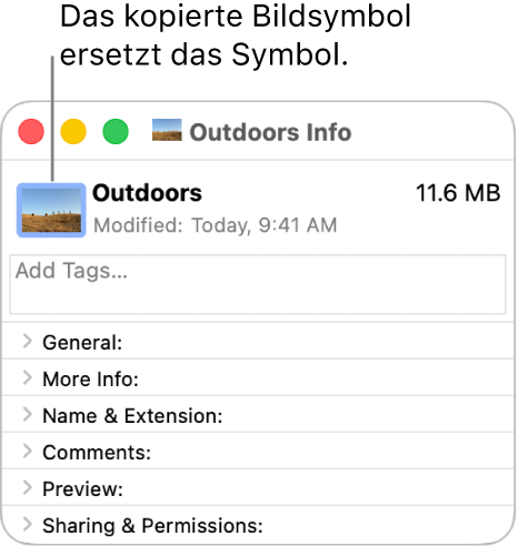 Das Fenster „Informationen“ eines Ordners mit dem ersetzten allgemeinen Ordnersymbol.