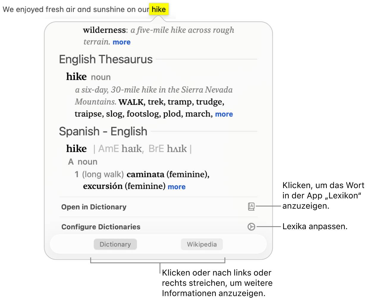 Das Fenster „Nachschlagen“ mit Definition für ein Wort aus Lexikon und Thesaurus