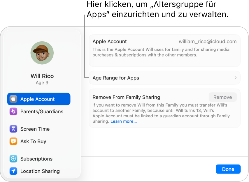 Auf dem Mac angezeigte Apple Account-Einstellungen für ein Kind, die zeigen, wo die Altersgruppe für Apps eingerichtet und verwaltet werden kann.