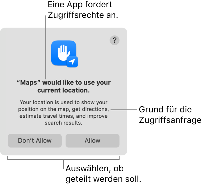 Die App „Karten“ fragt nach Zugriff auf deinen aktuellen Standort.