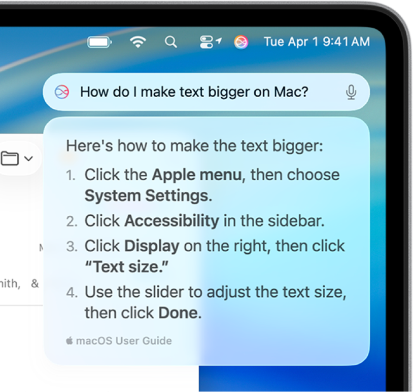 Το πάνω δεξί τμήμα του γραφείου εργασίας στο Mac όπου εμφανίζονται το εικονίδιο Siri στη γραμμή μενού και το πεδίο «Γραπτό αίτημα στο Siri» με βήματα από το Siri για το πώς να κάνετε μεγαλύτερο το κείμενο.