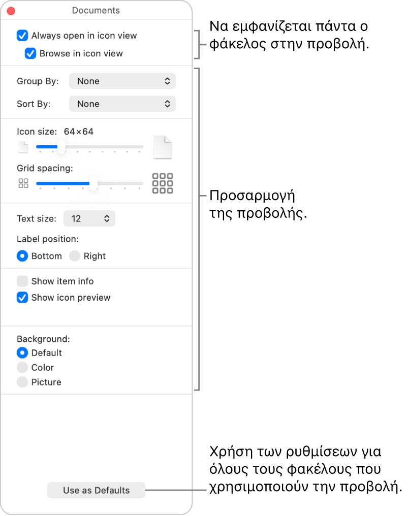 Επιλογές προβολής εικονιδίων για έναν φάκελο.