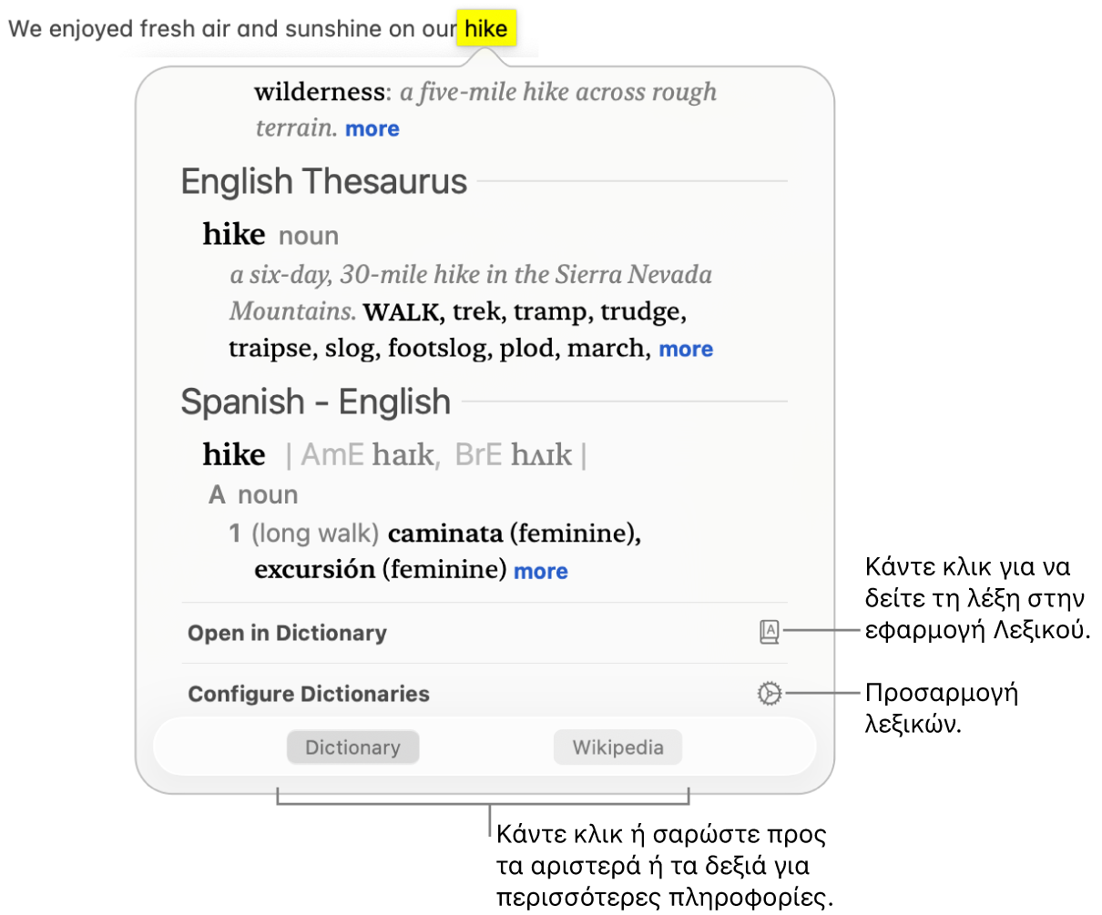 Το παράθυρο της Διερεύνησης που δείχνει ορισμούς για μια λέξη στο Λεξικό και τον Θησαυρό.