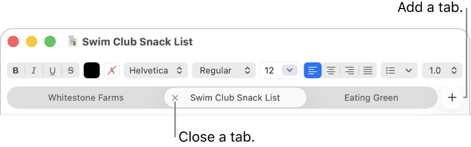 A TextEdit window with three tabs in the tab bar, located below the formatting bar. One tab shows the Close button. The Add button is located at the right end of the tab bar.