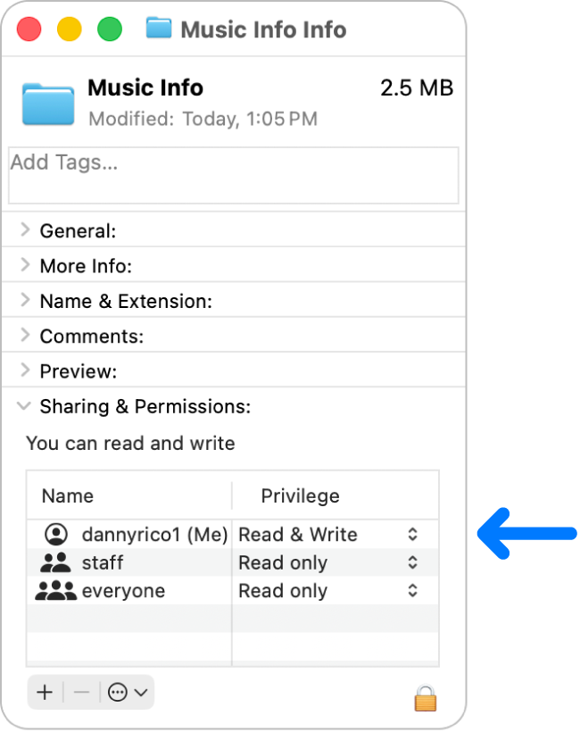 The permission settings at the bottom of an Info window.