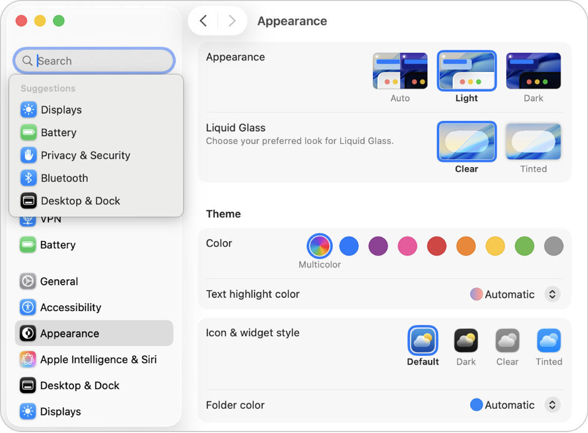 The System Settings window showing suggestions below the search field.