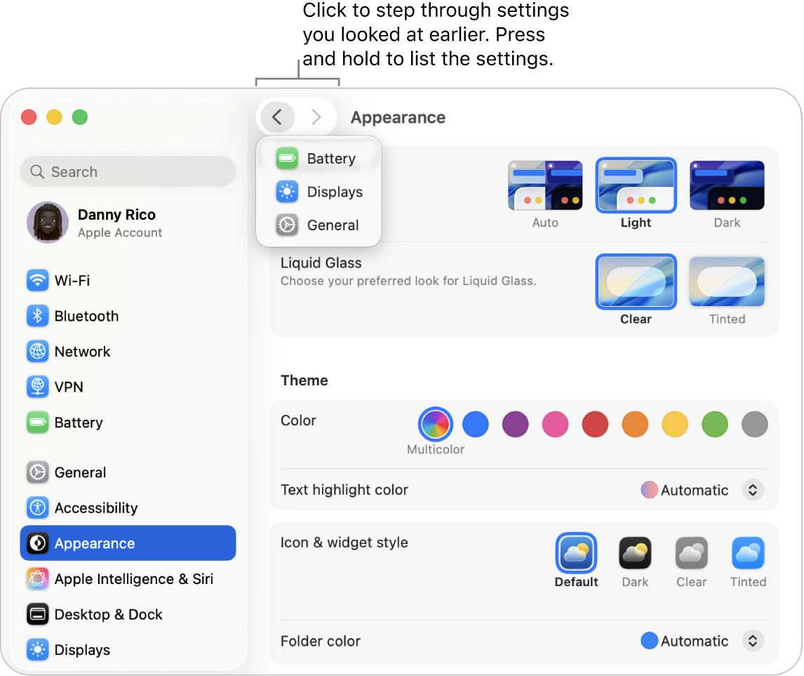 The System Settings window showing recently viewed settings below the Back button.