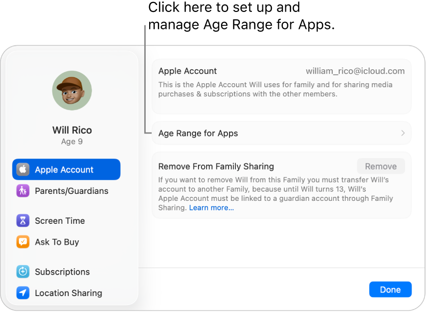 A child’s Apple Account settings displayed on Mac, showing where to set up and manage Age Range for Apps.