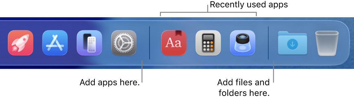 The right end of the Dock showing the separator lines preceding and following the recently used apps section.