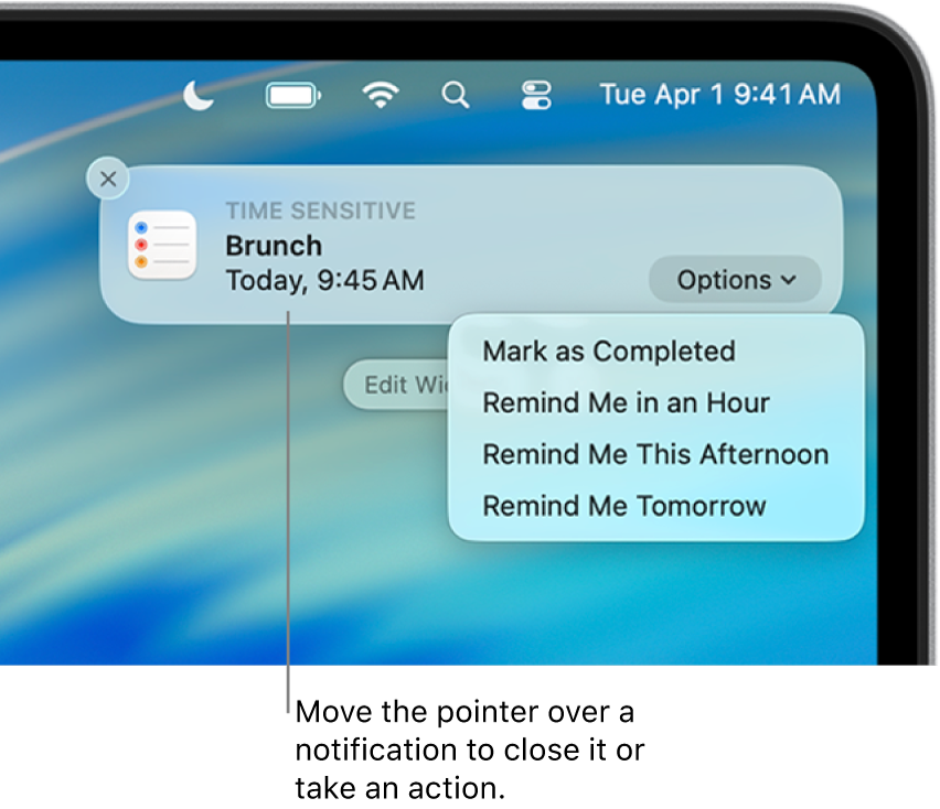App notification for a reminder in the upper-right corner of the desktop, including options to Mark as Completed or Reminder Me in an Hour.