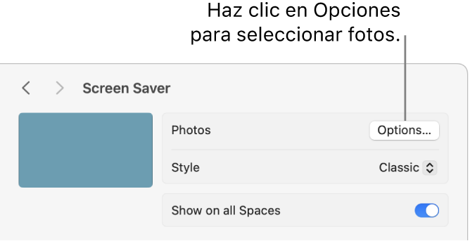 La parte superior de la ventana Configuración del Sistema mostrando opciones para Fotos.