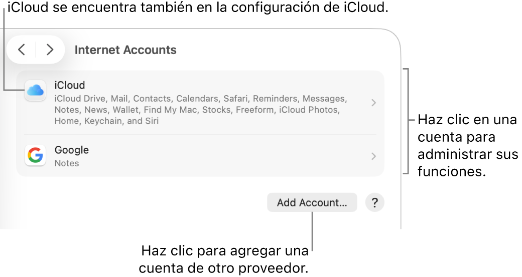 La configuración de Cuentas de Internet mostrando una lista de las cuentas que están configuradas en la Mac.