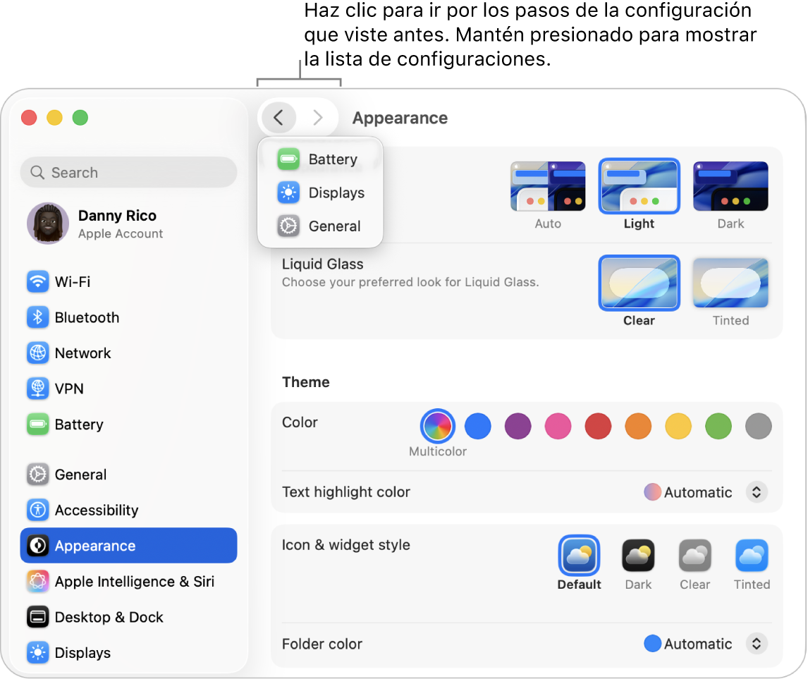La ventana de Configuración del Sistema muestra la configuración vista recientemente debajo del botón Atrás.