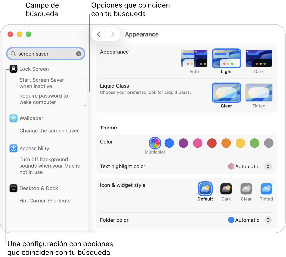 La ventana de Configuración del Sistema con las palabras protector de pantalla en el campo de búsqueda y una lista de los resultados coincidentes debajo del campo de búsqueda.