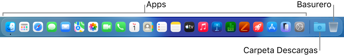 El Dock mostrando íconos de apps, la carpeta Descargas y el Basurero.